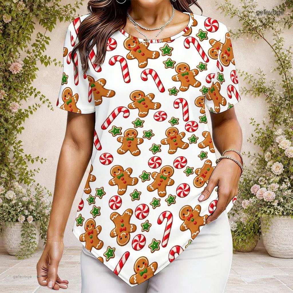 Women Plus Size Round Neck Short Sleeve Pointed Hem Shirt Christmas Nutcracker Print White