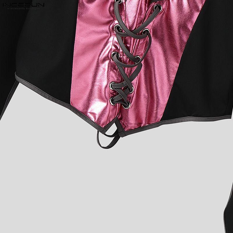 INCERUN Мужские топы и футболки с высоким воротником, длинным рукавом, бандажным дизайном, ПУ-вставками, в стиле кэжуал, укороченные