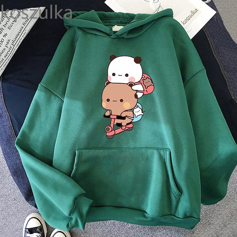 Women Kawaii Panda Bear Bubu and Dudu Hoodie Cute Couple Are Doing Exercise Sweatshirt Girls Pocket Clothes Men Tops Long Sleeve