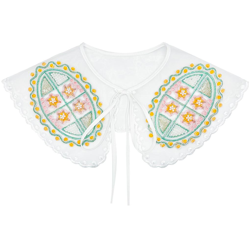 Women Colorful Embroidered Beaded Fake Collar Detachable Blouses Top Collar Elegant Lace-Up Shawl Wrap Clothes Accessory