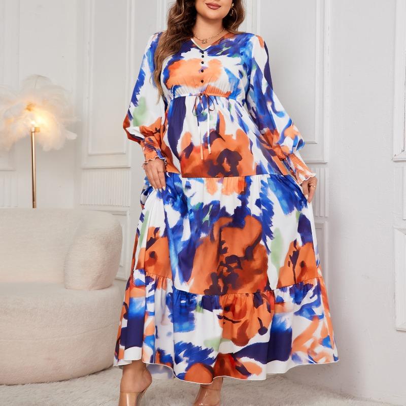 Женское платье большого размера со свободным принтом средней длины с V-образным вырезом и высокой талией