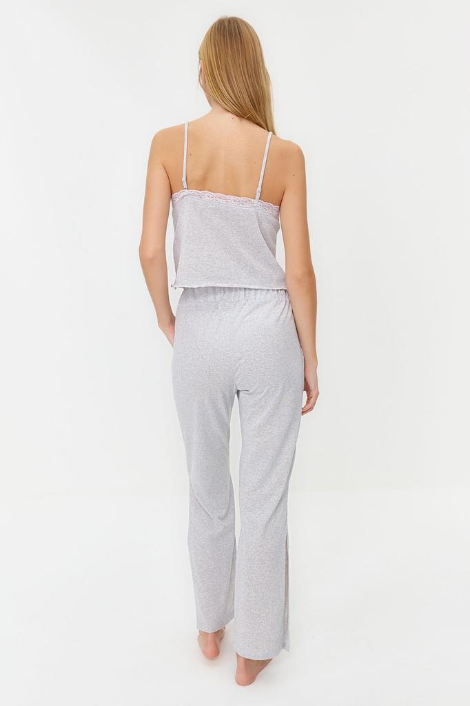 Женский модный новый пижамный комплект, серый меланжевый хлопковый вязаный пижамный комплект с карманом, прорезями и веревочным ремешком