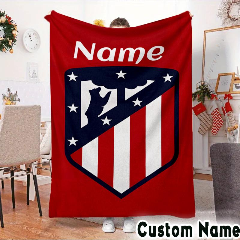 Custom Name Atletico Madrid Crest Throws Blanket Flannel Blankets for Couch Bed Gifts for Men Women Picnic blanket Christmas fan gifts