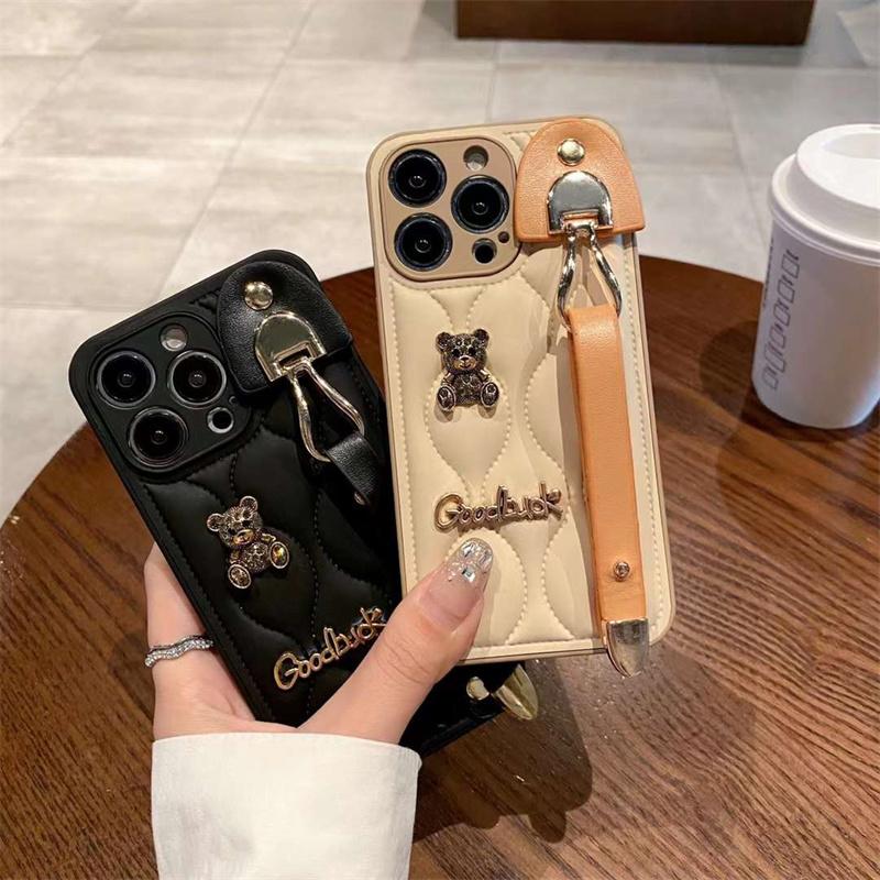 Cute Bear Wristband Down Jacket Phone Case For iPhone 16 15 14 13 12 11 Pro Max Korea Soft Cover