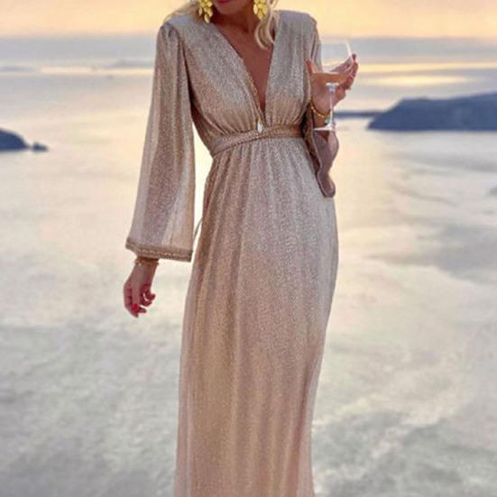 Платье вечернее в пол с глубоким V-образным вырезом, длинными рукавами, облегающее талию, с высокой талией, расшитое блестящими пайетками