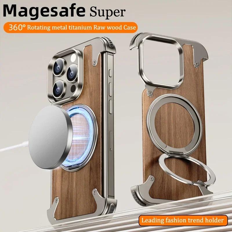 360 ° Rotating Ring Stand Phone Case For iPhone 16 15 14 Pro Max Magsafe Magnetic Stand Walnut Metal Frameless Protective Cover