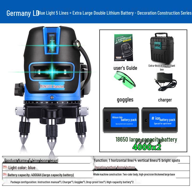 High-Precision Automatic Laser Level: 2, 3, or 5 Infrared Green Lines, Blue Light Projector for Outdoor Use