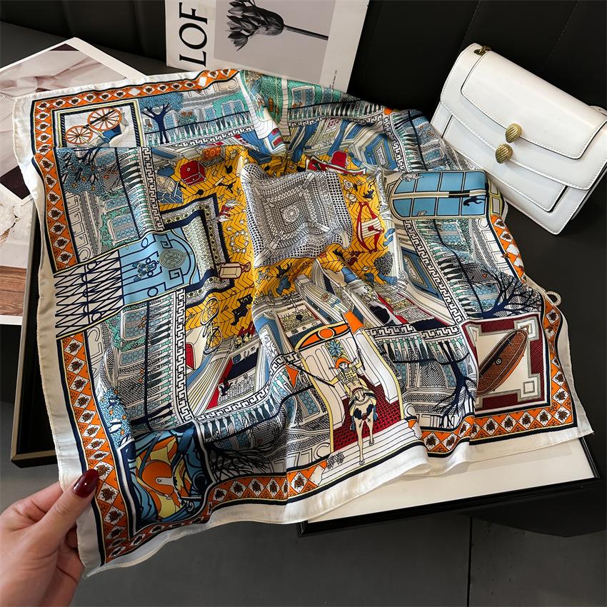 Богемный принт Маленький квадратный шарф Роскошный имитированный шелк Тонкий шейный платок Геометрические линии Солнцезащитная косынка для женщин