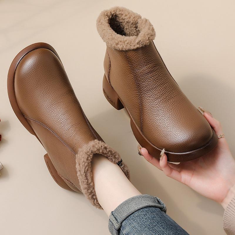 Full Cowhide Velvet Retro Martin Boots Women's Winter Warm Thick-soled Boots Comfortable Soft-soled Mother Shoes Genuine Leather Cotton Boots