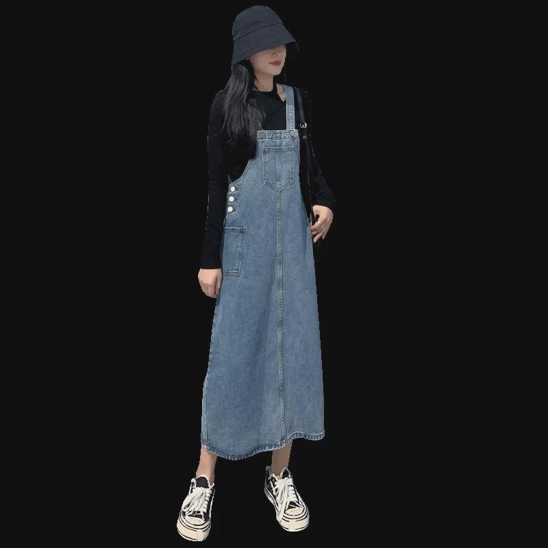 2024 Autumn/Winter Korean Retro Washed Denim Midi Skirt - Loose Fit Overalls for Women Students