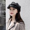 PU Leather Black Octagonal Hat Autumn and Winter Trendy Fashion Versatile Leather Hat Painter Hat Cap Beret