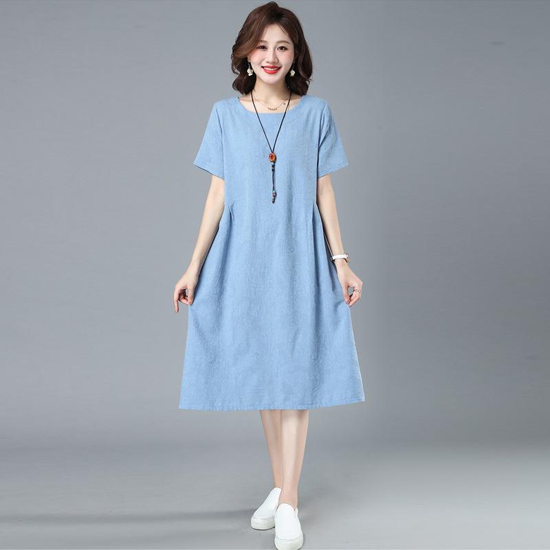 Summer Artistic Loose Jacquard Cotton Linen Round Neck Short Sleeved Dress for Women Mid To Long Length Casual Dresses