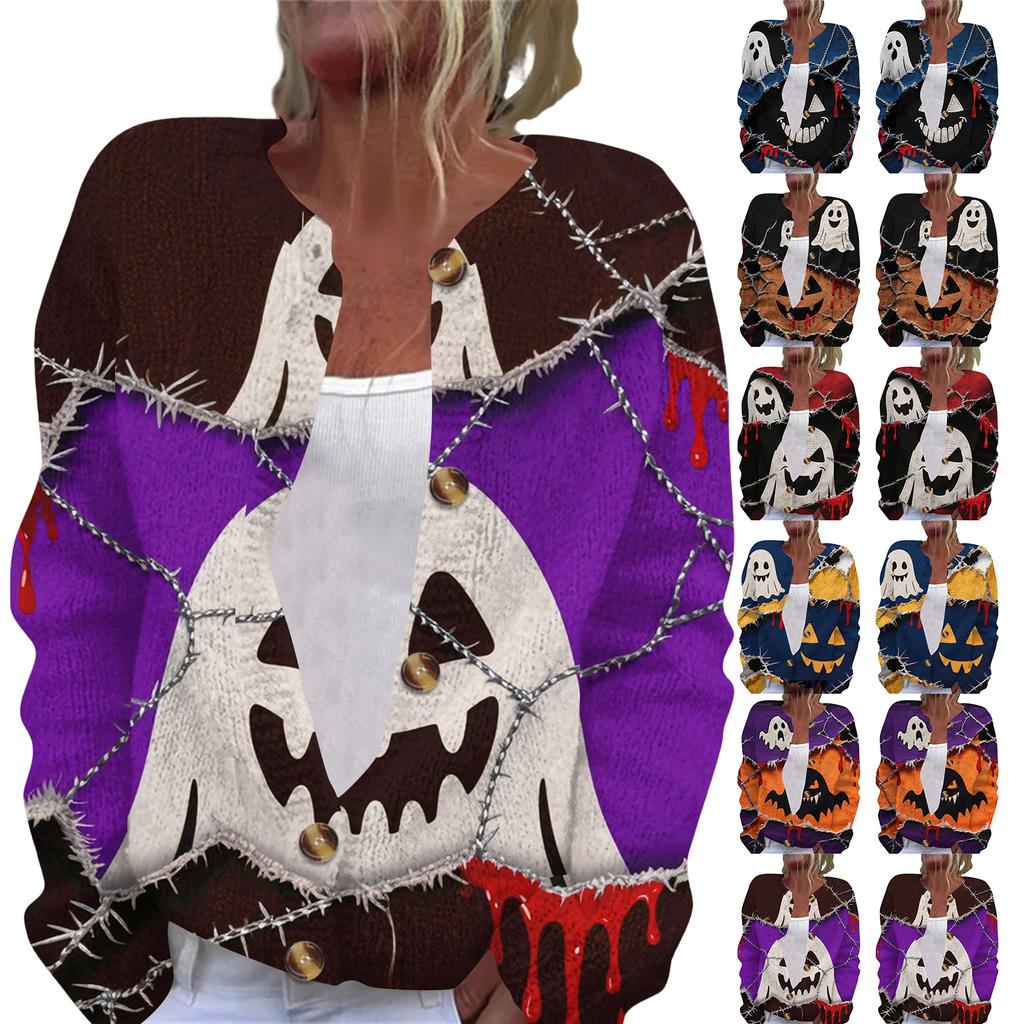 Women's Fashion Printed Long Sleeve Knitted Cardigan Button Down Jacket