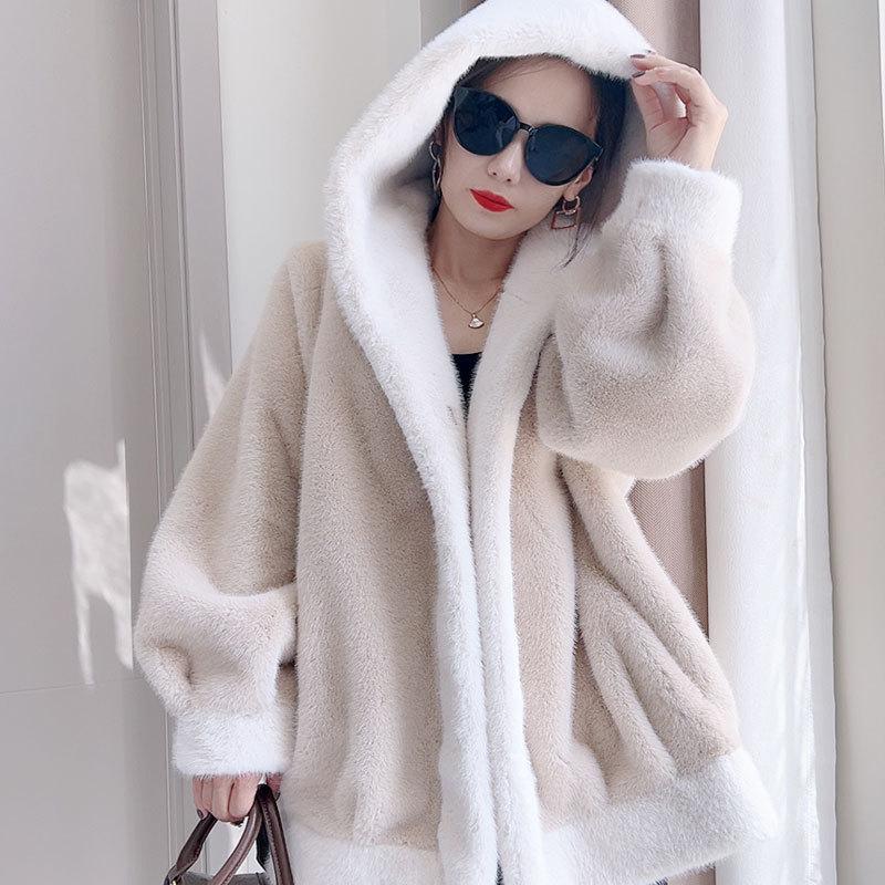 Куртка из искусственного меха норки контрастного цвета с капюшоном, женская, с мехом, с интегрированным толстым теплым длинным рукавом