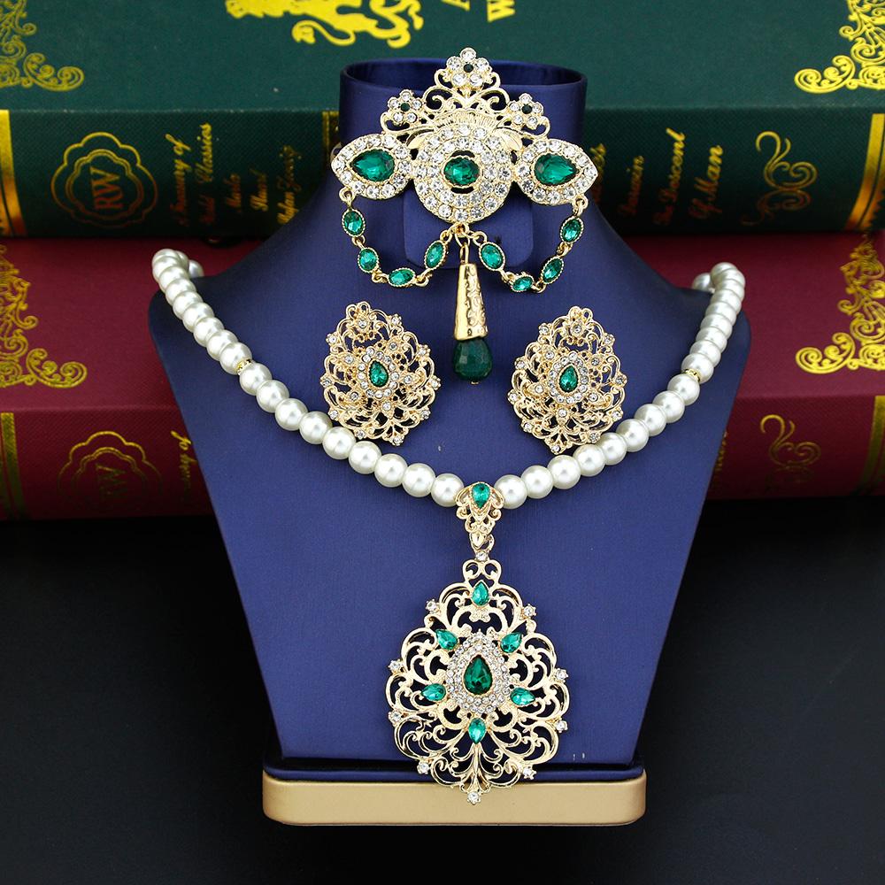 Sets Color Gold Jewelry Bride For Women Pearl Pendant Necklace Arabic Brooch Crystal Earring Wedding Jewelry