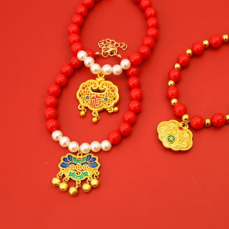 Pet Collar With Gold Plated Longevity Lock Pearl Decoration Cats Dogs New Jewelry