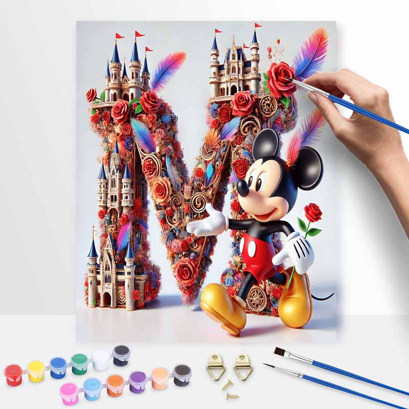 Disney Mickey Mouse Letter M Castle Rose DIY Oil Painting Kits Hand Painting Home Decor Craft Gift Ideas Art Wall Decor Bedroom Decorating