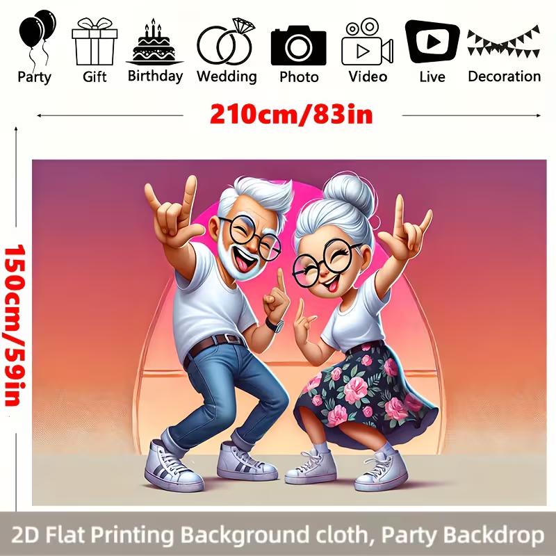 2D Happy Dancing Senior Couple Backdrop - Retirement Party Photo Booth Background