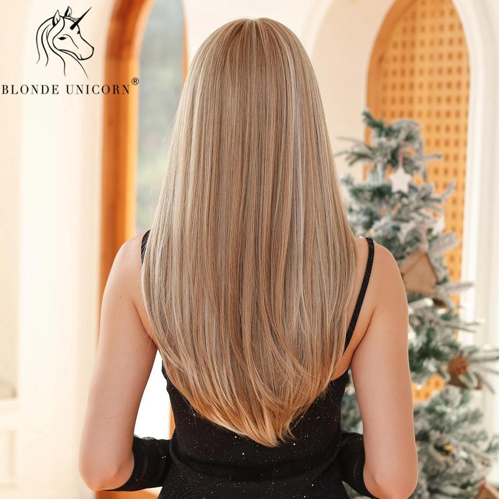 BLONDE UNICORN Long Blonde Straight Synthetic Wigs with Bangs Wavey Daily Party Cosplay Wigs for Women Heat Resistant Fiber Hair