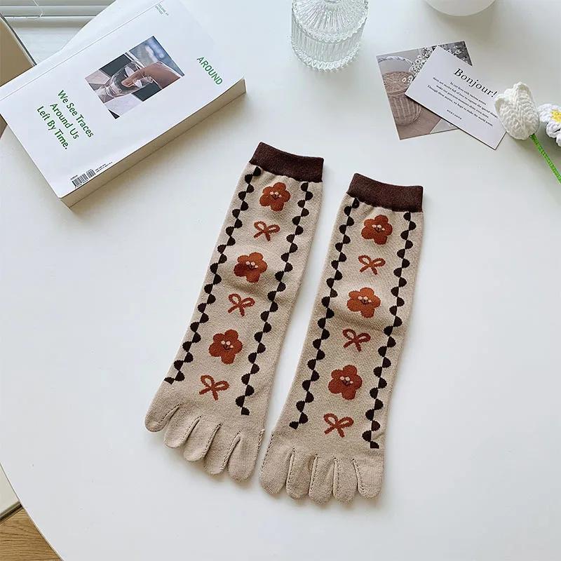 2 Pairs Five Finger Women Animals Cartoon Print Japanese Cute Socks Casual Plaid Floral Vintage Female Sock
