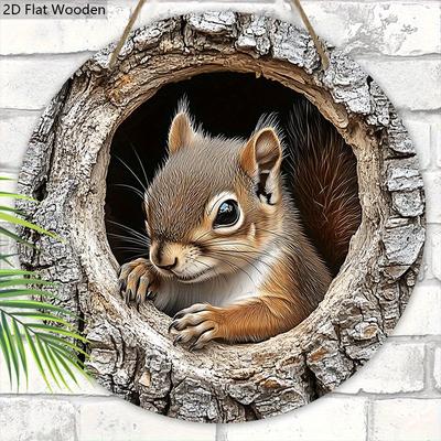 2D Плоская Ретро Деревянная Табличка с Узором Белки и Дупла Дерева, Уникальная Декоративная Табличка с Круговым Графическим Дизайном
