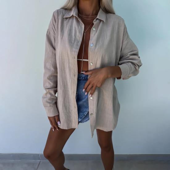 Женская рубашка с лацканами, однобортная рубашка с длинным рукавом, однотонная свободная блузка, повседневные осенние топы