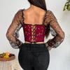 Женские топы-корсеты с открытыми плечами, модные сетчатые кроп-топы с длинными рукавами и цветочной вышивкой