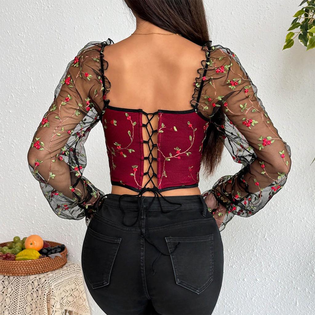 Женские топы-корсеты с открытыми плечами, модные сетчатые кроп-топы с длинными рукавами и цветочной вышивкой