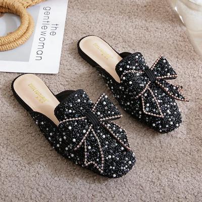 Тапочки Baotou для женщин с квадратным носком, блестками и бусинами, мюли, женская обувь, модные шлепанцы с жемчугом и блестками, большие размеры 34-43