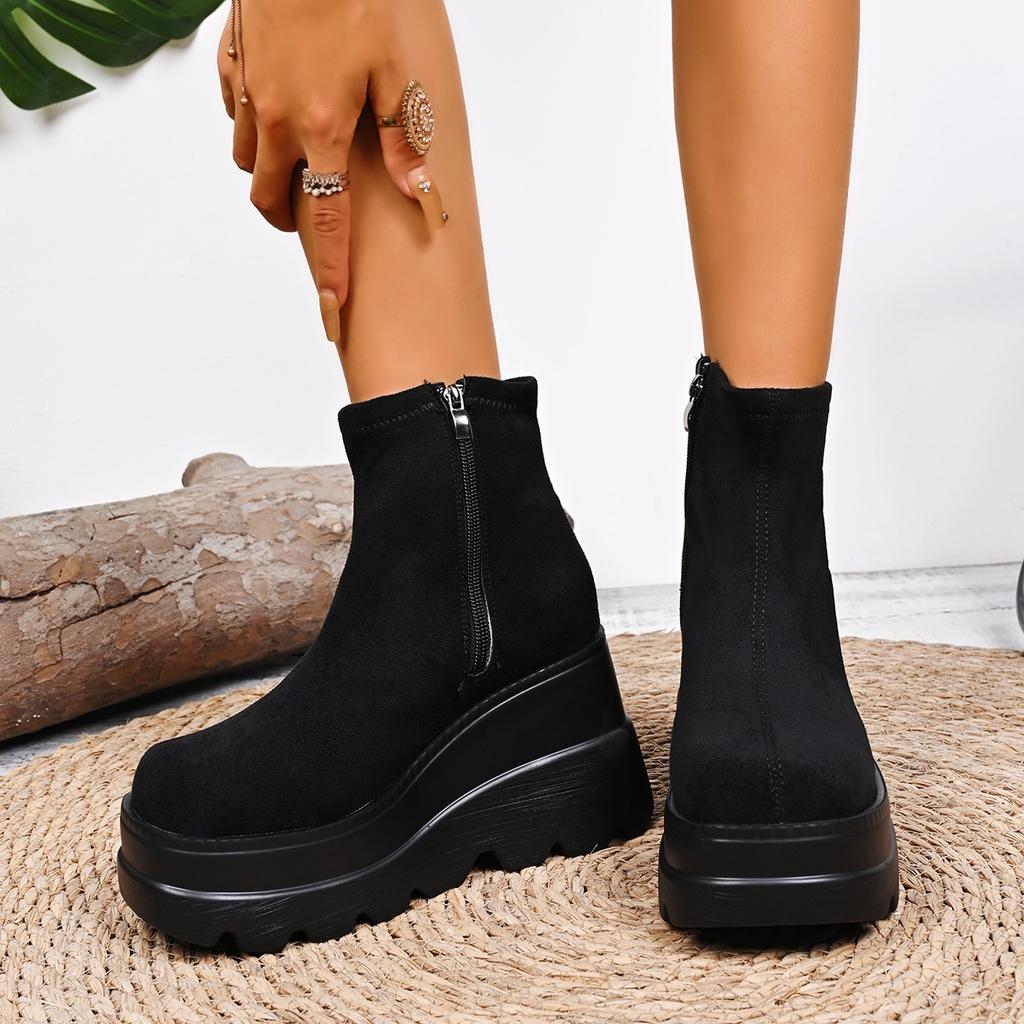Fashion Fall Winter High Platform Boots Women Stretch Fabric Wedges Ankle Boots Women Punk Style Party Goth Shoes Woman Big Size 43