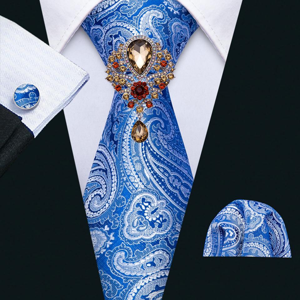 Barry.Wang Paisley Tie with Brooch for Men Wedding Formal Silk Necktie Hanky Cufflink Set
