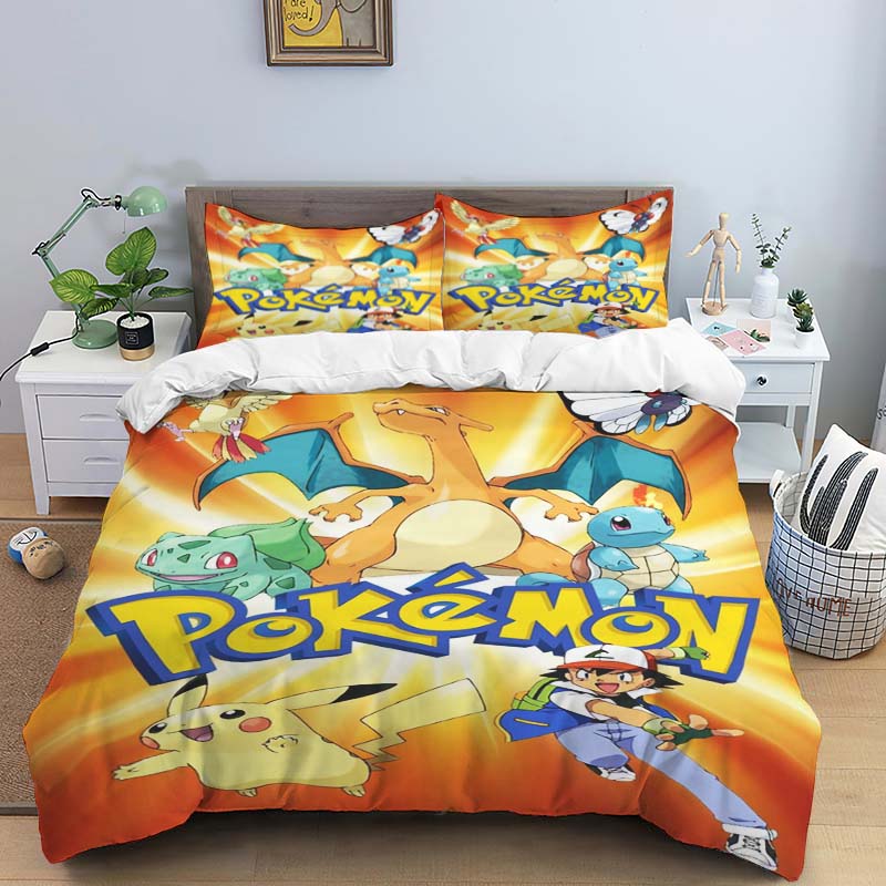Cute Cartoon Charizard-Themed Bedding Set, featuring a soft duvet cover and pillowcases—perfect for teenagers, children, and mor