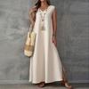 Sleeveless V-neck Side Split Summer Long Dress Elegant Fashion Loose Casual Simple A-line Party Maxi Long Dress Solid Color Woman Clothing