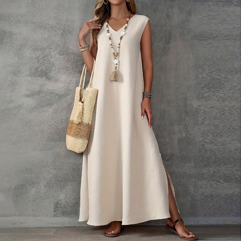 Sleeveless V-neck Side Split Summer Long Dress Elegant Fashion Loose Casual Simple A-line Party Maxi Long Dress Solid Color Woman Clothing