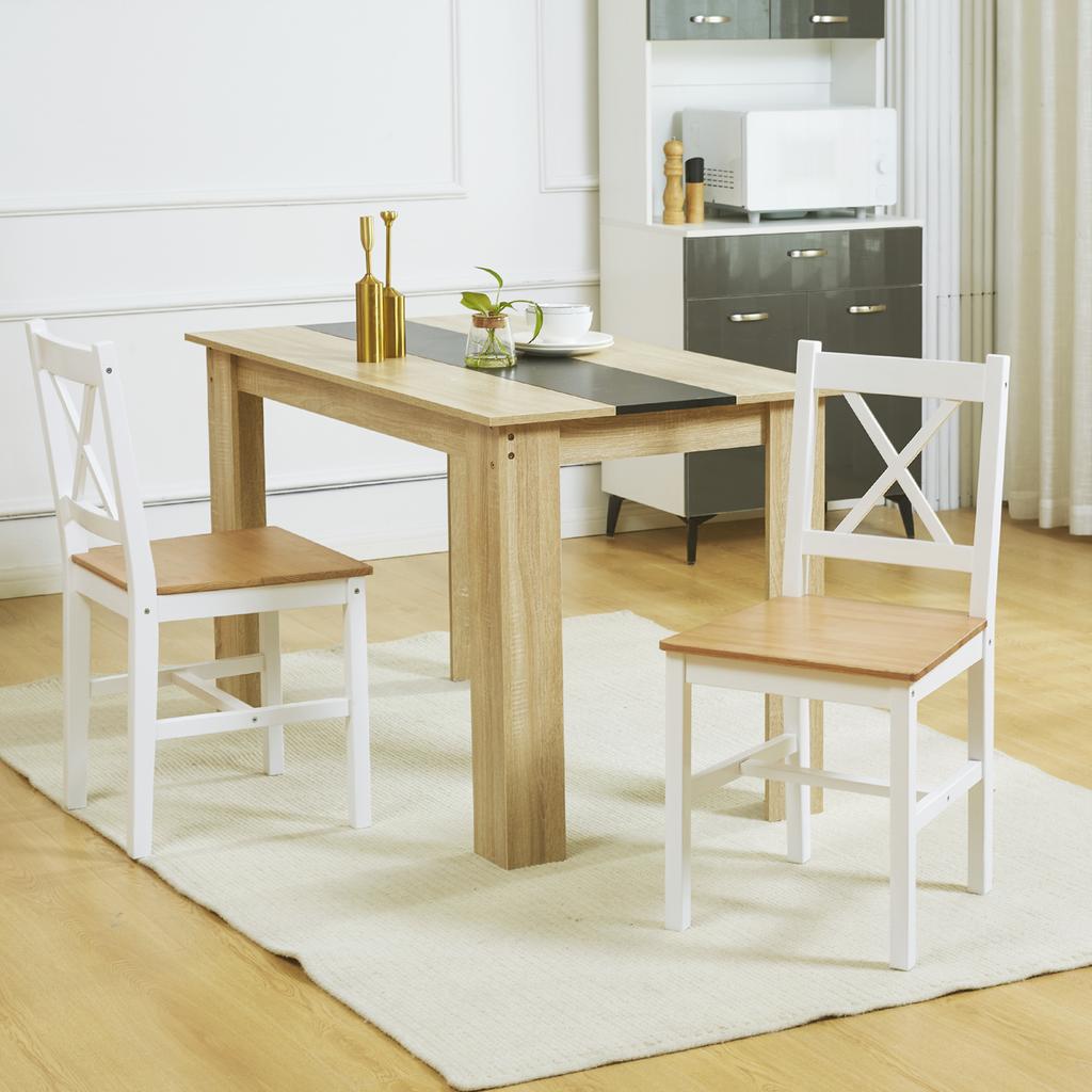 Set of 2 Dining Chairs in Solid Wood Country-Style Kitchen Chair Cross Back White and Oak