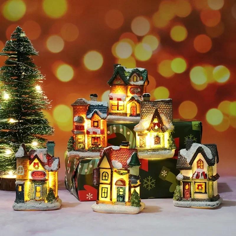 Christmas Decoration Resin Miniature House LED Light Mini Building Living Room Festive Display Small Ornaments Xmas Gift