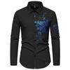Men's Hot Stamping Printed Shirt Blue and White Floral Pattern Personality Style Slim-fit Lapel Long-sleeved Shirt Men Trend