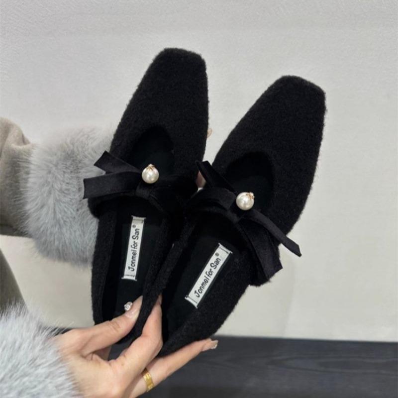 Модные зимние туфли-квадрат с хлопком, женские модные туфли-квадрат с мелким вырезом и бантом-бабочкой, на мягкой подошве, нескользящие, низкие