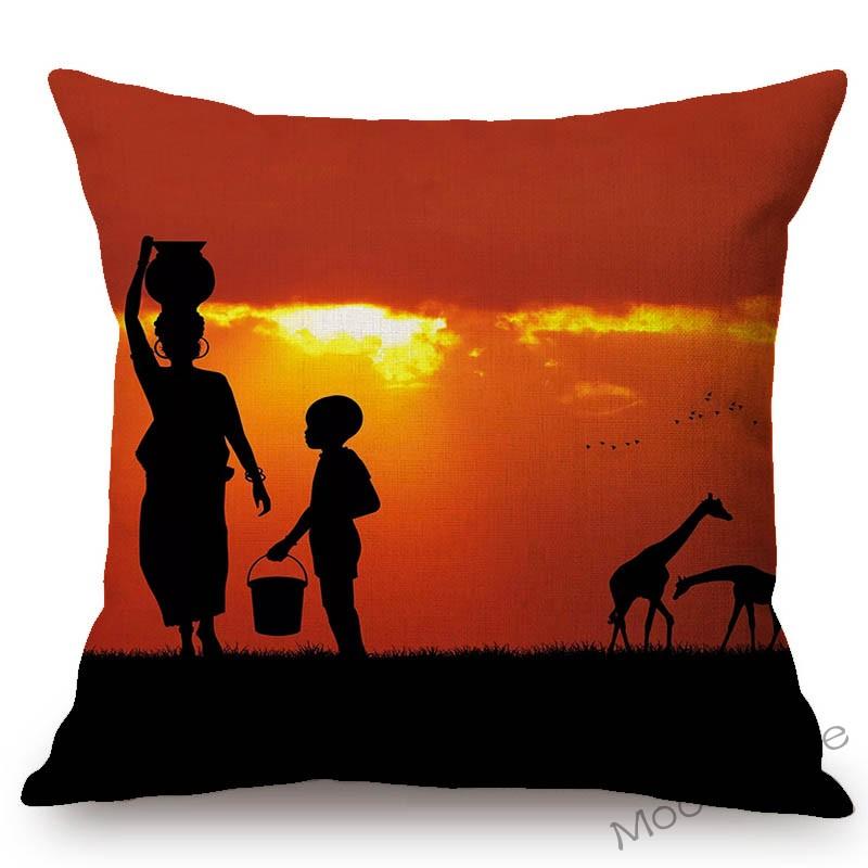 Sunrise Sunset In Africa Scene Sofa Throw Pillow Case Beautiful Animal Giraffe African Woman In Sun Setting Art Cushion Cover