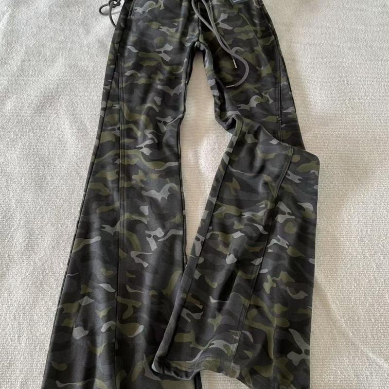 Plus Size Vintage Distressed Camo Drawstring Joggers for Women - Fall Slimming Fleece-Lined Low-Waist Micro-Flare Casual Pants