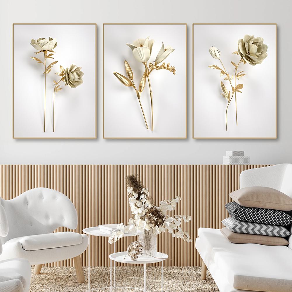 Modern 3D Visual Wall Art Canvas Painting Nordic Golden Flower Posters And Prints Pictures for Living Room Corridor Home Decor
