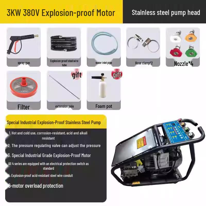 Black Cat 3kW High-Pressure Explosion-Proof Hot Water Car Washer with Stainless Steel Pump, 380V Three-Phase Industrial Motor.