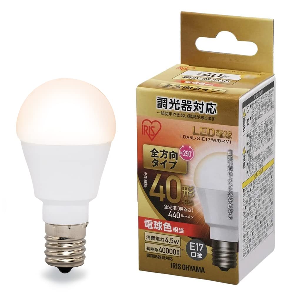 Iris Ohyama LED 17mm Base 40W Warm Compatible with Enclosed Energy-Saving Measures Bulb, Diameter, Equivalent, White, Omnidirectional, Dimmable,