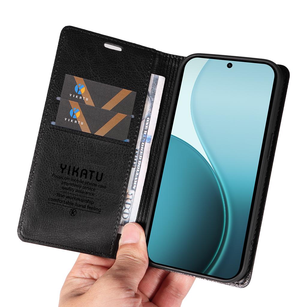 Для Oppo Reno14 Pro 5G (Китай)/Oppo Reno14 Pro 5G (Глобальный) Чехол-кошелек YIKATU YK-006 Магнитная застежка Кожаный чехол для телефона Текстура личи