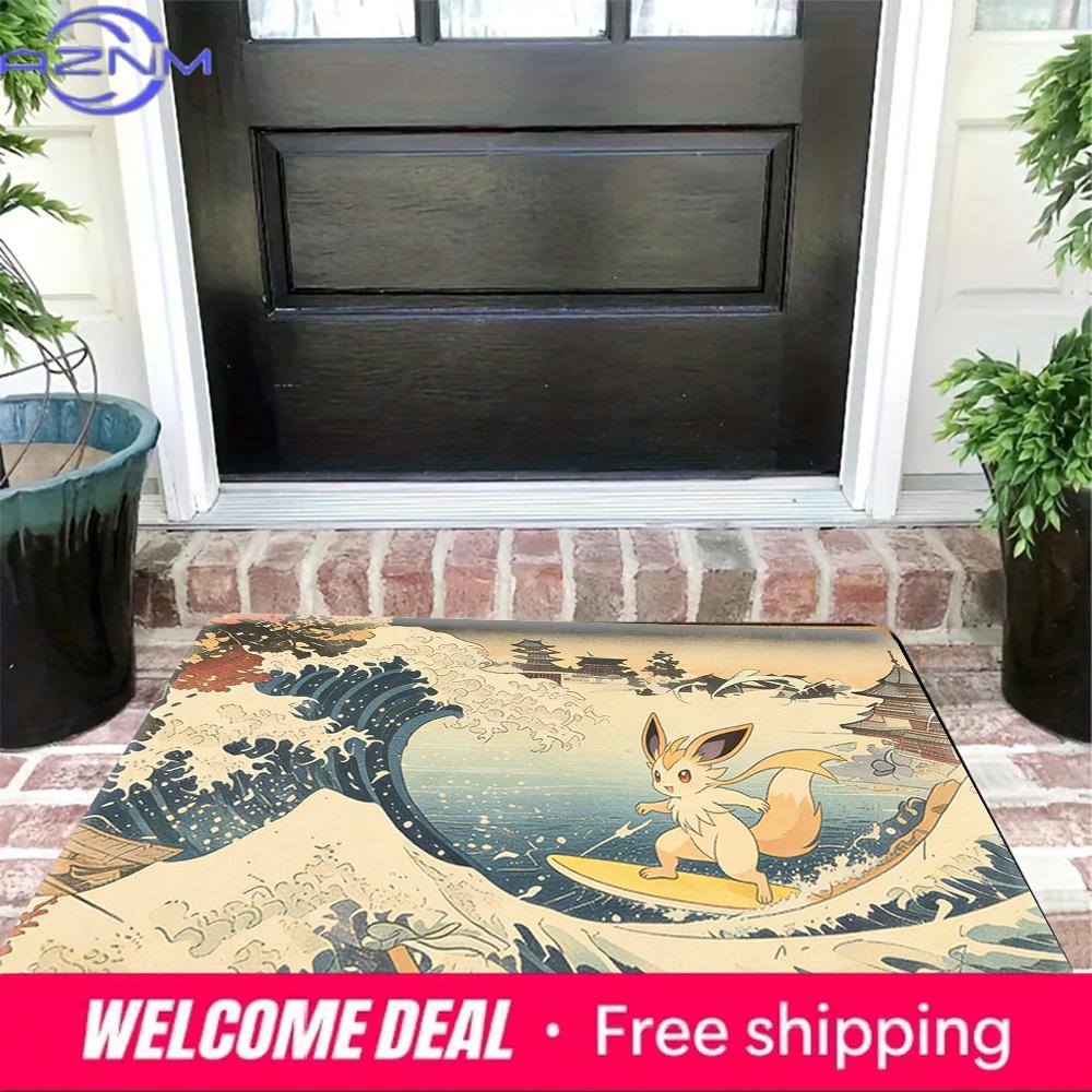 Flareon Surfing on The Great Wave of Kanagawa Print Doormat Anti-slip Absorbent Floor Mat for Home Entrance Bedroom Living Room