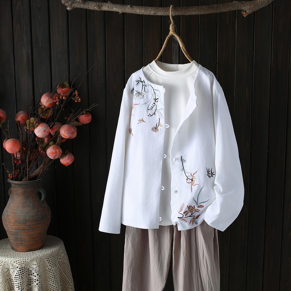 Тонкое пальто с вышивкой в китайском стиле с круглым вырезом, женская рубашка больших размеров с длинными рукавами на весну и осень