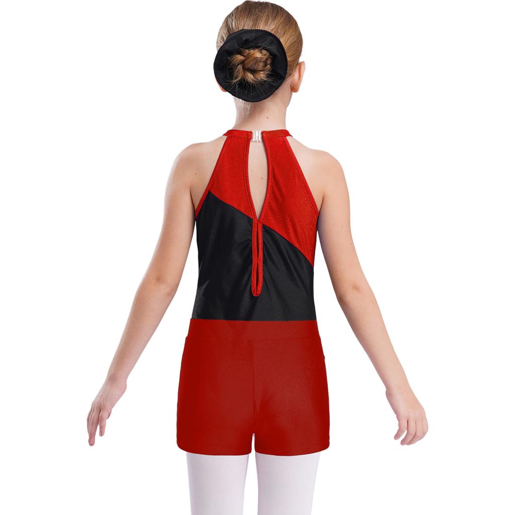 Girls Sleeveless Rhinestones Patchwork Leotard Hair Band V Front Waistband Shorts Dance Gymnastics Set