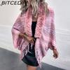Rainbow Stripe Women's Fringe Cape with Fur Collar Knit Shawl for Fall/Winter