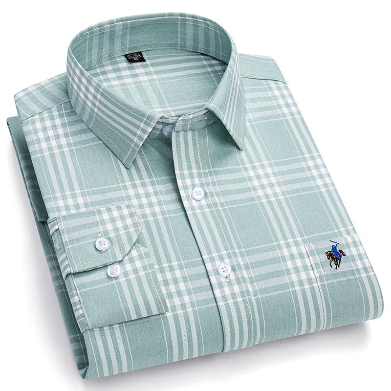 Рубашки из чистого хлопка в клетку для мужчин с длинным рукавом и логотипом, качественная официальная деловая мужская рубашка