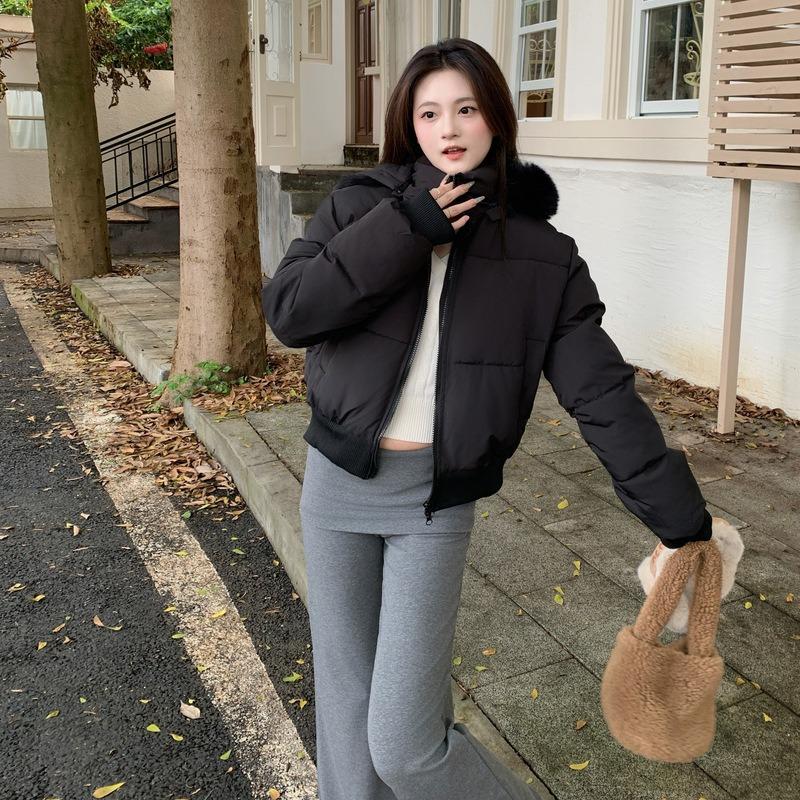 New Cotton Clothes Women's Winter Navy Blue Hooded Fur Collar Short Cotton Clothes Bread Clothes Jacket Thick